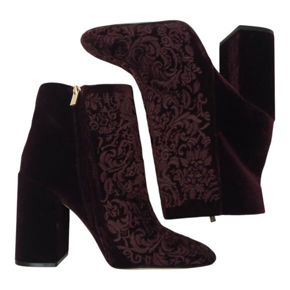 Jessica Simpson Wovella Velvet Embroidered Ankle Boots Women 9 Maroon Wine Block - Picture 10 of 16